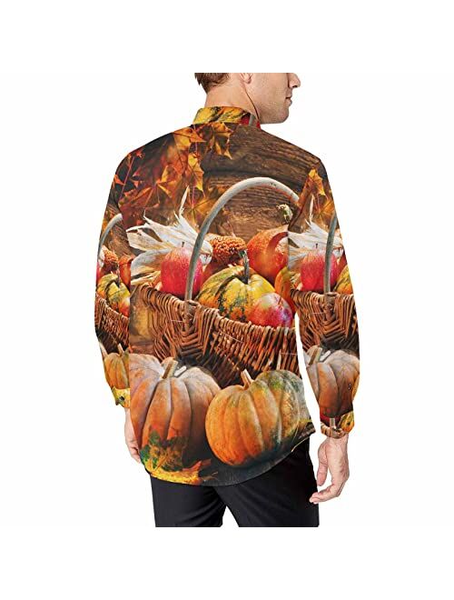 InterestPrint Thanksgiving Pumpkins with Fruits Men's Free Long Sleeve Button Down Shirt Regular-Fit Hawaiian Shirt