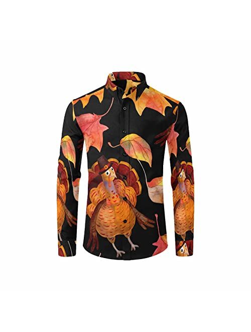 InterestPrint Thanksgiving Pumpkins with Fruits Men's Free Long Sleeve Button Down Shirt Regular-Fit Hawaiian Shirt