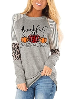 Kneyatta Thankful Grateful Blessed Print T Shirt Women Thanksgiving Pumpkin Long Sleeve Blouse Leopard Printed Striped Fall Tee Tops