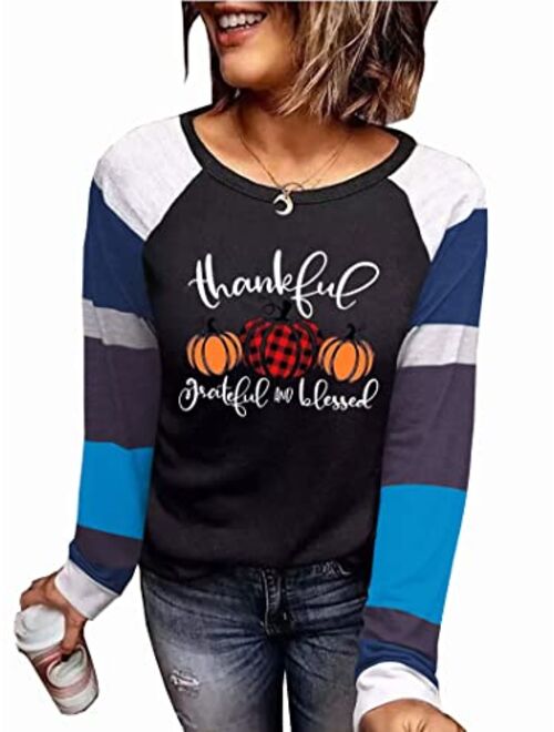 Kneyatta Thankful Grateful Blessed Print T Shirt Women Thanksgiving Pumpkin Long Sleeve Blouse Leopard Printed Striped Fall Tee Tops