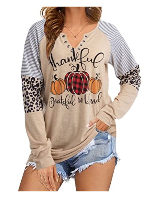 Kneyatta Thankful Grateful Blessed Print T Shirt Women Thanksgiving Pumpkin Long Sleeve Blouse Leopard Printed Striped Fall Tee Tops