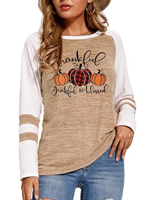 Kneyatta Thankful Grateful Blessed Print T Shirt Women Thanksgiving Pumpkin Long Sleeve Blouse Leopard Printed Striped Fall Tee Tops