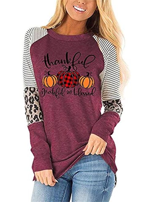 Kneyatta Thankful Grateful Blessed Print T Shirt Women Thanksgiving Pumpkin Long Sleeve Blouse Leopard Printed Striped Fall Tee Tops