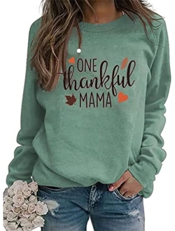 BANGELY One Thankful Mama Sweatshirt Women Thanksgiving Casual Long Sleeve Top Tees Mom Gift Shirts