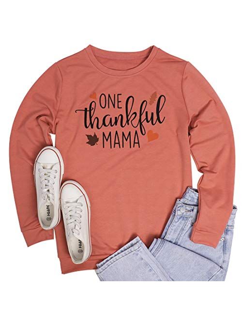 BANGELY One Thankful Mama Sweatshirt Women Thanksgiving Casual Long Sleeve Top Tees Mom Gift Shirts