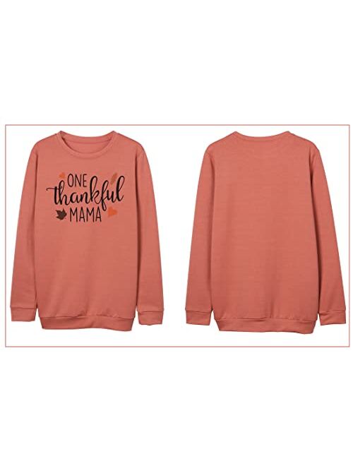 BANGELY One Thankful Mama Sweatshirt Women Thanksgiving Casual Long Sleeve Top Tees Mom Gift Shirts