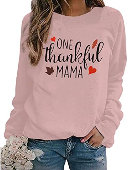 BANGELY One Thankful Mama Sweatshirt Women Thanksgiving Casual Long Sleeve Top Tees Mom Gift Shirts