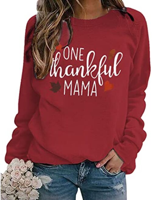 BANGELY One Thankful Mama Sweatshirt Women Thanksgiving Casual Long Sleeve Top Tees Mom Gift Shirts