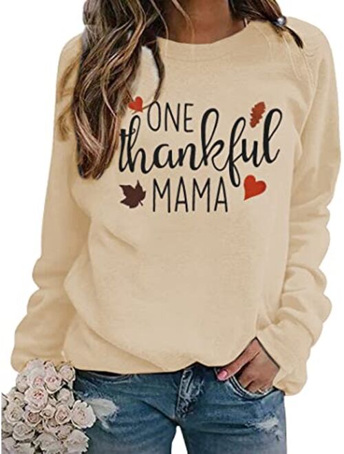 BANGELY One Thankful Mama Sweatshirt Women Thanksgiving Casual Long Sleeve Top Tees Mom Gift Shirts