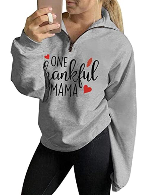 BANGELY One Thankful Mama Sweatshirt Women Thanksgiving Casual Long Sleeve Top Tees Mom Gift Shirts