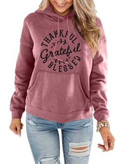 KIDDAD Thanksgiving Hoodies Sweatshirt Women Grateful Thankful Blessed Graphic Drawstring Pullover Blouse with Pocket