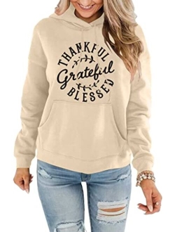 KIDDAD Thanksgiving Hoodies Sweatshirt Women Grateful Thankful Blessed Graphic Drawstring Pullover Blouse with Pocket