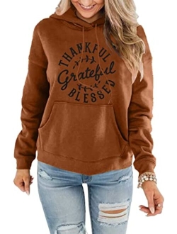 KIDDAD Thanksgiving Hoodies Sweatshirt Women Grateful Thankful Blessed Graphic Drawstring Pullover Blouse with Pocket