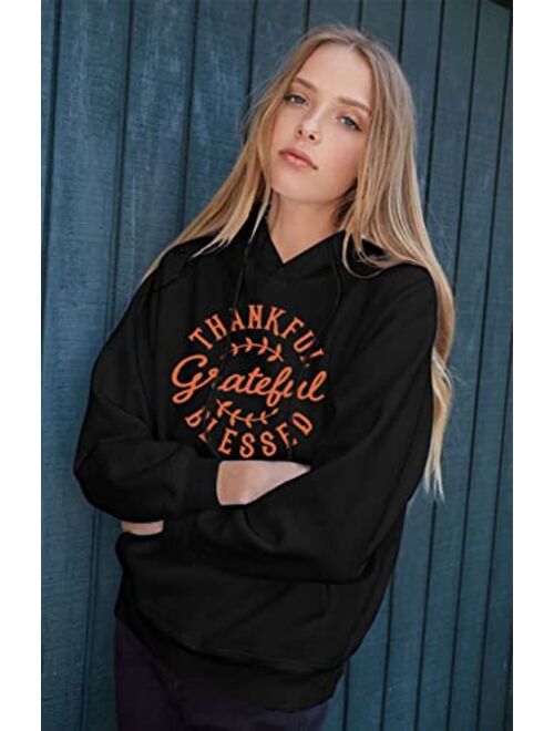 KIDDAD Thanksgiving Hoodies Sweatshirt Women Grateful Thankful Blessed Graphic Drawstring Pullover Blouse with Pocket