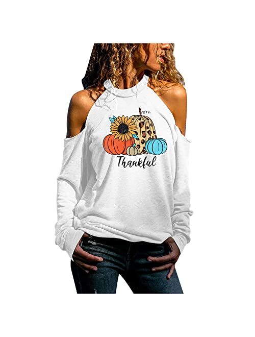 Mousya Thankful Pumpkin Sweatshirt Women Fall Pumpkin Graphic Shirt Thanksgiving Off The Shoulder Pullover Tops