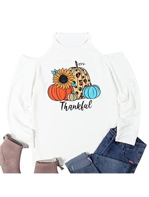 Mousya Thankful Pumpkin Sweatshirt Women Fall Pumpkin Graphic Shirt Thanksgiving Off The Shoulder Pullover Tops