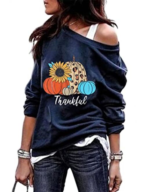 Mousya Thankful Pumpkin Sweatshirt Women Fall Pumpkin Graphic Shirt Thanksgiving Off The Shoulder Pullover Tops