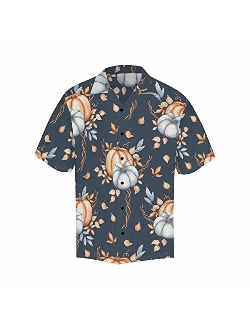 InterestPrint Men's Casual Button Down Short Sleeve Thanksgivng Pumpkin Leaf Hawaiian Shirt (S-5XL)