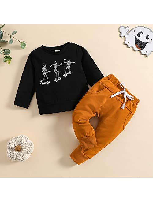 Generic Toddler Kids Baby Boy Clothes Outfits 2pcs Halloween Letter Print Crewneck Long Sleeve Boy's Suit (Coffee, 2-3 Years)