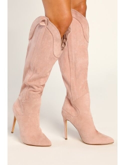 Sayyna Tan Suede Pointed-Toe Knee-High Boots