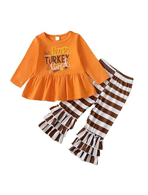 Noubeau Toddler Baby Girl Thanksgiving Outfits Happy Thanksgiving Print Ruffle Tunic Drees Shirt Stripe Pants Fall Winter Clothes