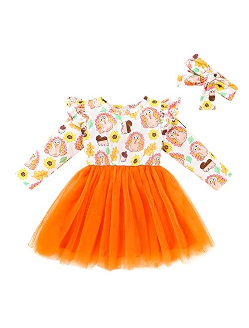 GRNSHTS Baby Girls Thanksgiving Outfits Long Sleeve Turkey Tutu Skirts Ruffle Dress Toddler Girl Clothes