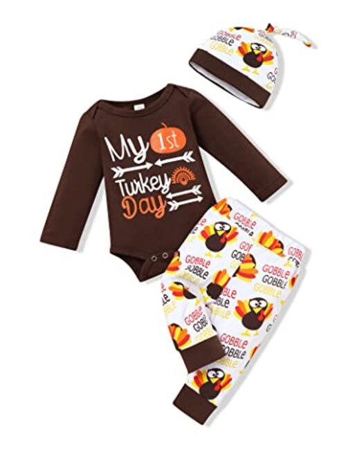 Hipea My 1st Thanksgiving Newborn Baby Girl Boy Romper Bodysuit Turkey Cartoon Pattern Pants Hat 3Pcs Outfits Set