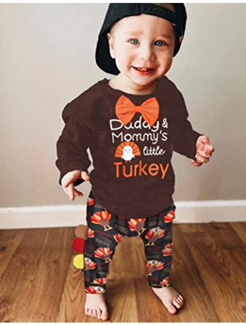 Agapeng Toddler Baby Boy Clothes Thanksgiving Outfit Long Sleeve Sweatshirt with Bow Tie Turkey Pattern Pants 2Pcs Outfits Set