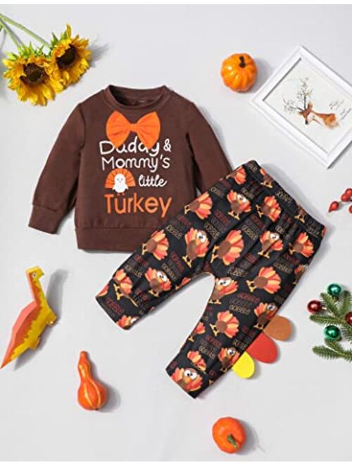 Agapeng Toddler Baby Boy Clothes Thanksgiving Outfit Long Sleeve Sweatshirt with Bow Tie Turkey Pattern Pants 2Pcs Outfits Set