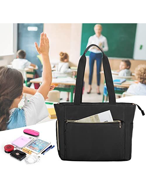 CURMIO Teacher Tote Bag for Women, Portable Teacher Work Bag with Padded Sleeve and Compartments for Laptop, School Supplies, Ideal Gifts for Teachers, Black, Bag Only