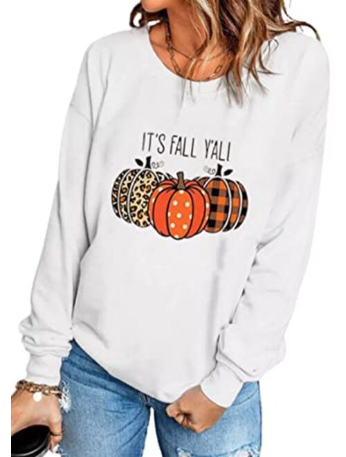 MHTOR It's Fall Y'all Leopard Plaid Dot Pumpkin Sweatshirt Women's Halloween Long Sleeve Casual Pullover Tops