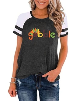 Maximgr Gobble Funny Thanksgiving T-Shirt Women Letter Print Turkey Graphic Casual Tee Tops