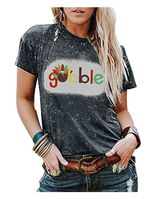 Maximgr Gobble Funny Thanksgiving T-Shirt Women Letter Print Turkey Graphic Casual Tee Tops