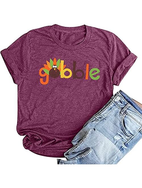 Maximgr Gobble Funny Thanksgiving T-Shirt Women Letter Print Turkey Graphic Casual Tee Tops