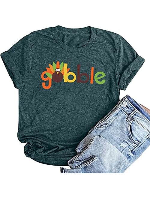 Maximgr Gobble Funny Thanksgiving T-Shirt Women Letter Print Turkey Graphic Casual Tee Tops