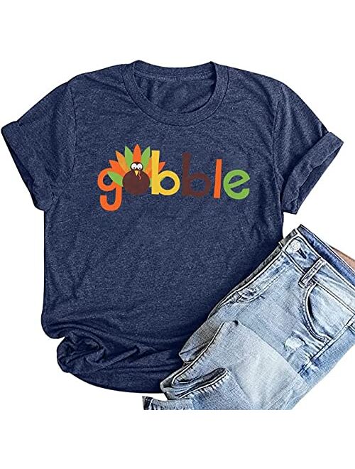 Maximgr Gobble Funny Thanksgiving T-Shirt Women Letter Print Turkey Graphic Casual Tee Tops