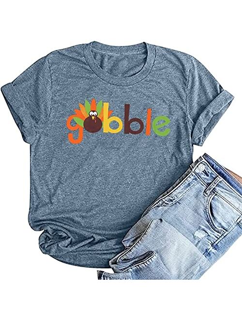 Maximgr Gobble Funny Thanksgiving T-Shirt Women Letter Print Turkey Graphic Casual Tee Tops