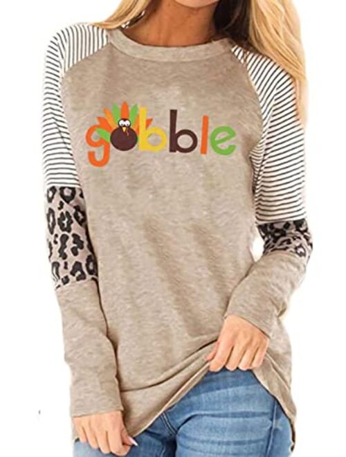 Maximgr Gobble Funny Thanksgiving T-Shirt Women Letter Print Turkey Graphic Casual Tee Tops