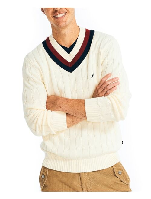 Nautica Men's Cable-Knit V-neck Varsity Cricket Sweater