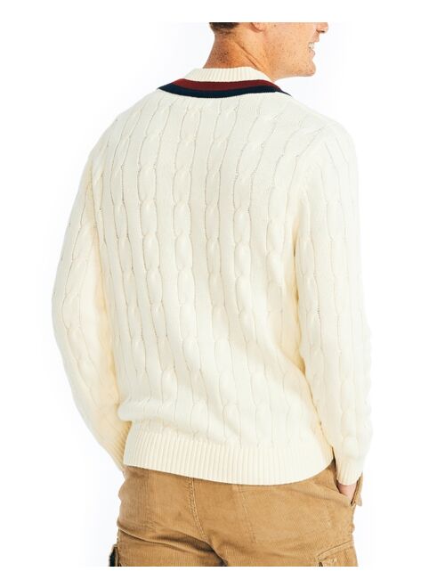 Nautica Men's Cable-Knit V-neck Varsity Cricket Sweater