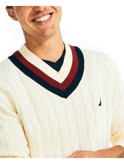 Nautica Men's Cable-Knit V-neck Varsity Cricket Sweater