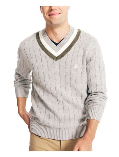 Nautica Men's Cable-Knit V-neck Varsity Cricket Sweater