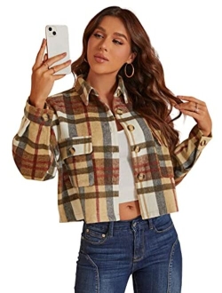 Simplee Apparel Simplee Women's Cropped Flannel Plaid Shacked Wool Blend Jacket Coat