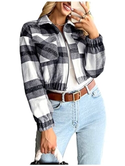 Lumister Womens Cropped Flannel Wool Blend Plaid Shacket Long Sleeve Button Down Shirt Shackets Jacket