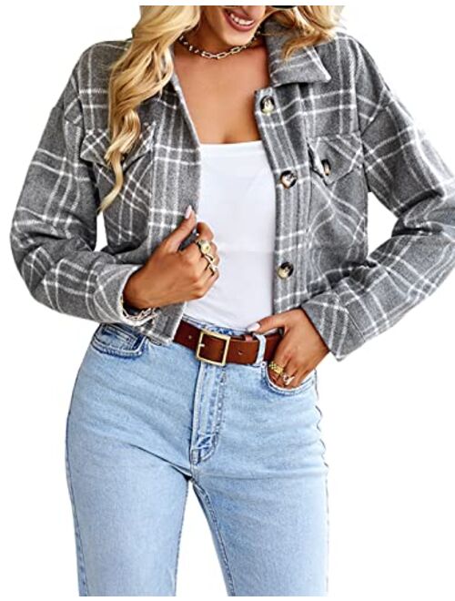 Lumister Womens Cropped Flannel Wool Blend Plaid Shacket Long Sleeve Button Down Shirt Shackets Jacket