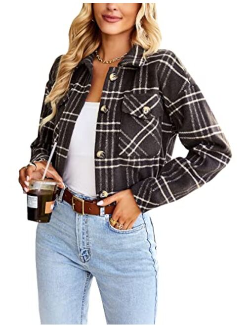 Lumister Womens Cropped Flannel Wool Blend Plaid Shacket Long Sleeve Button Down Shirt Shackets Jacket