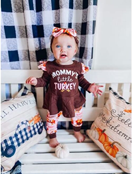 Hiha Infant Baby Toddler Girls Thanksgiving Outfit Ruffle Long Sleeve Tops Dress Turkey Pant Headband 2PCS Fall Clothes Set