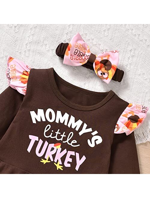 Hiha Infant Baby Toddler Girls Thanksgiving Outfit Ruffle Long Sleeve Tops Dress Turkey Pant Headband 2PCS Fall Clothes Set