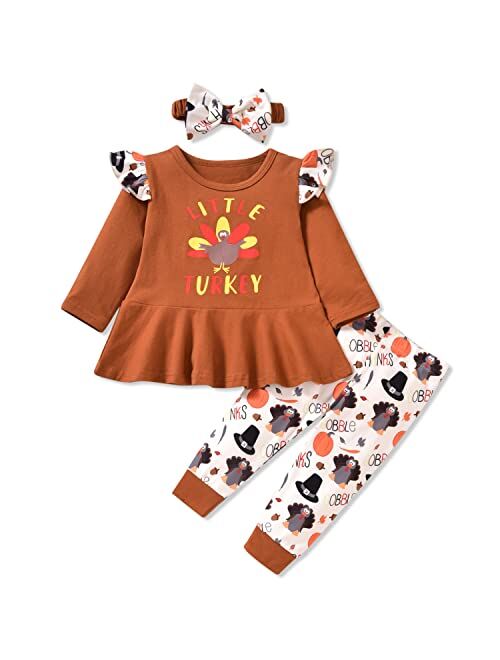 Hiha Infant Baby Toddler Girls Thanksgiving Outfit Ruffle Long Sleeve Tops Dress Turkey Pant Headband 2PCS Fall Clothes Set