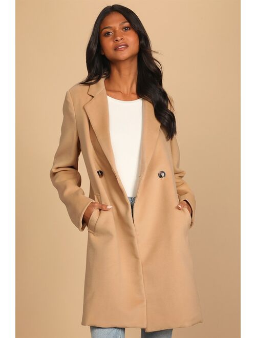 Lulus Harriet Long Double-Breasted Tan Coat